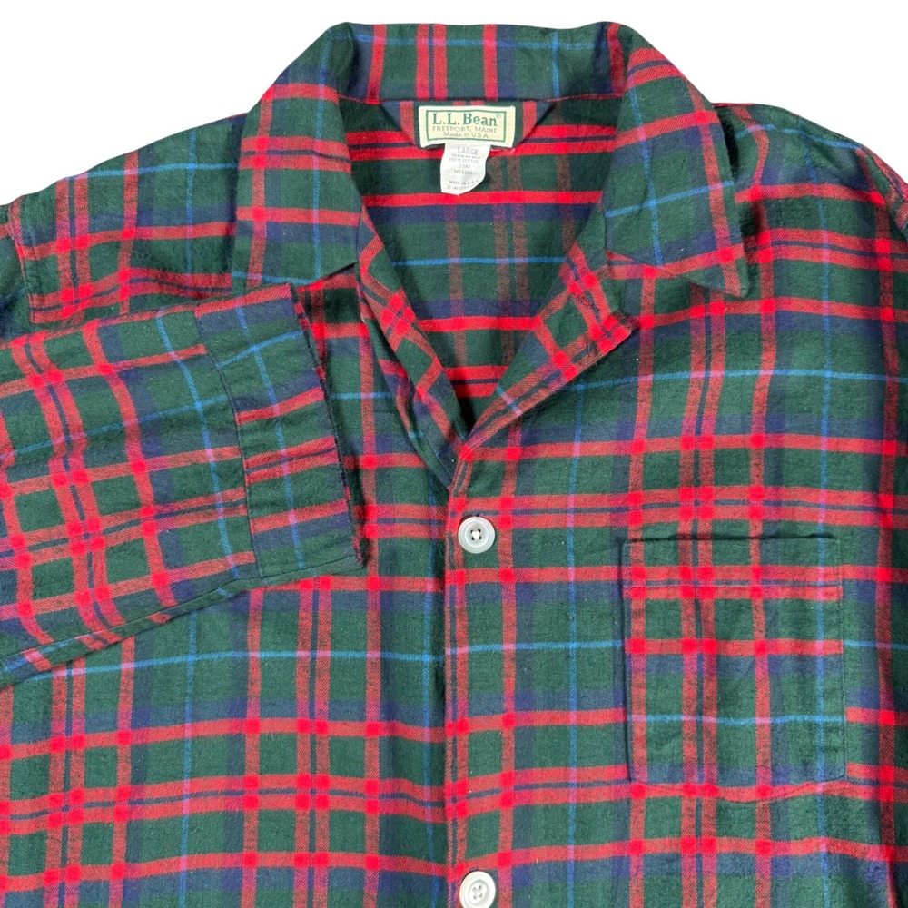 L.L. Bean Flannel Pajama Top Mens Large Green Red Plaid Made in USA Vintage NWOT